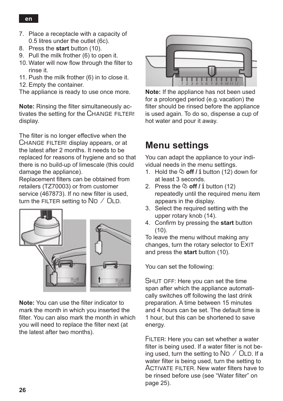 Menu settings, Change filter, Filter | No / old, Exit, Shut off, Activate filter | Siemens TE503509DE User Manual | Page 30 / 86