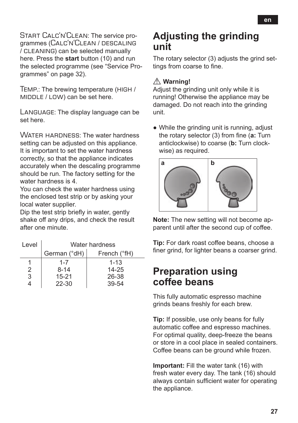 Adjusting the grinding unit, Preparation using coffee beans, Start calc‘n‘clean | Calc‘n‘clean, Descaling, Cleaning, Temp, High, Middle, Language | Siemens TE503509DE User Manual | Page 31 / 86