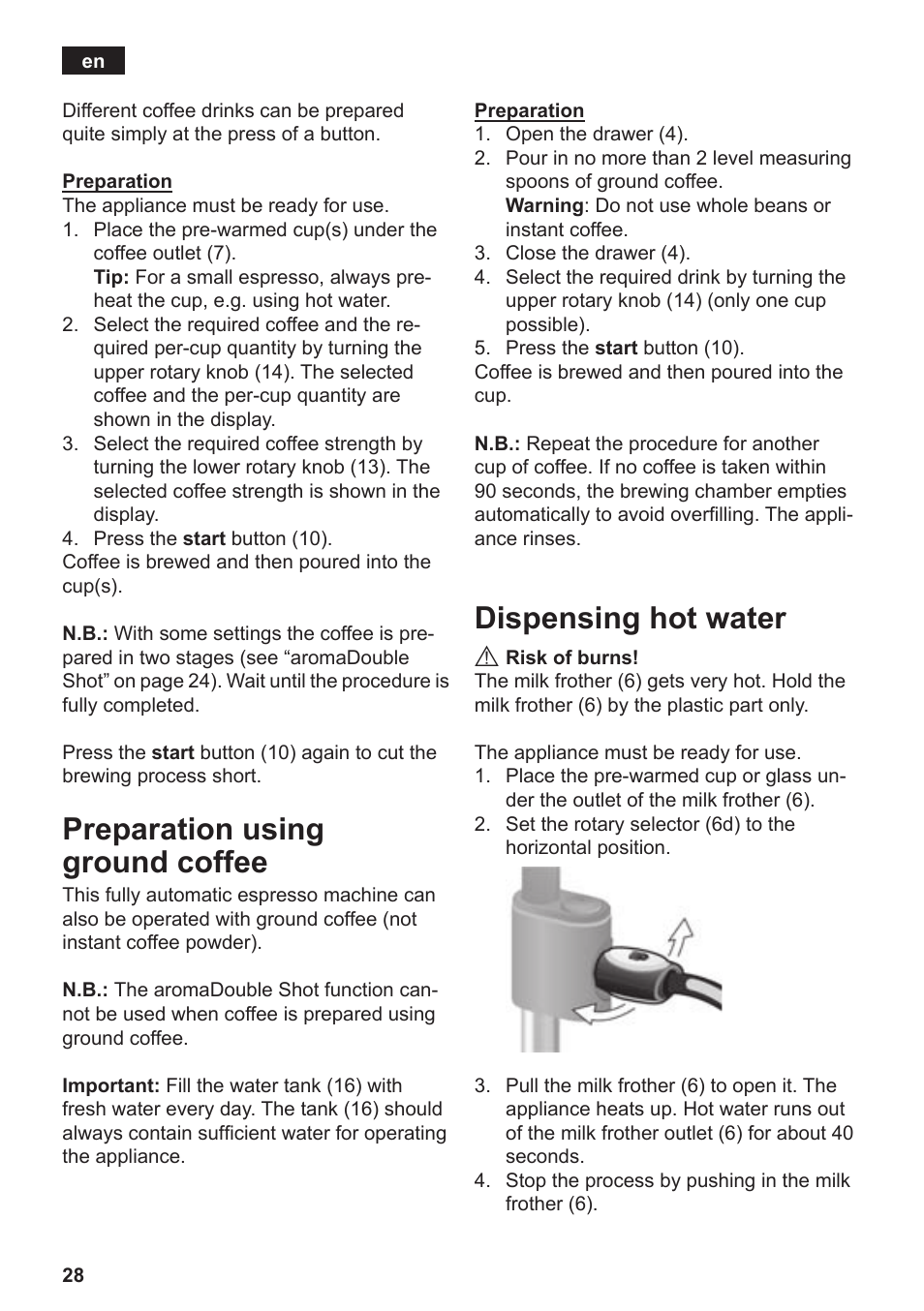 Preparation using ground coffee, Dispensing hot water | Siemens TE503509DE User Manual | Page 32 / 86