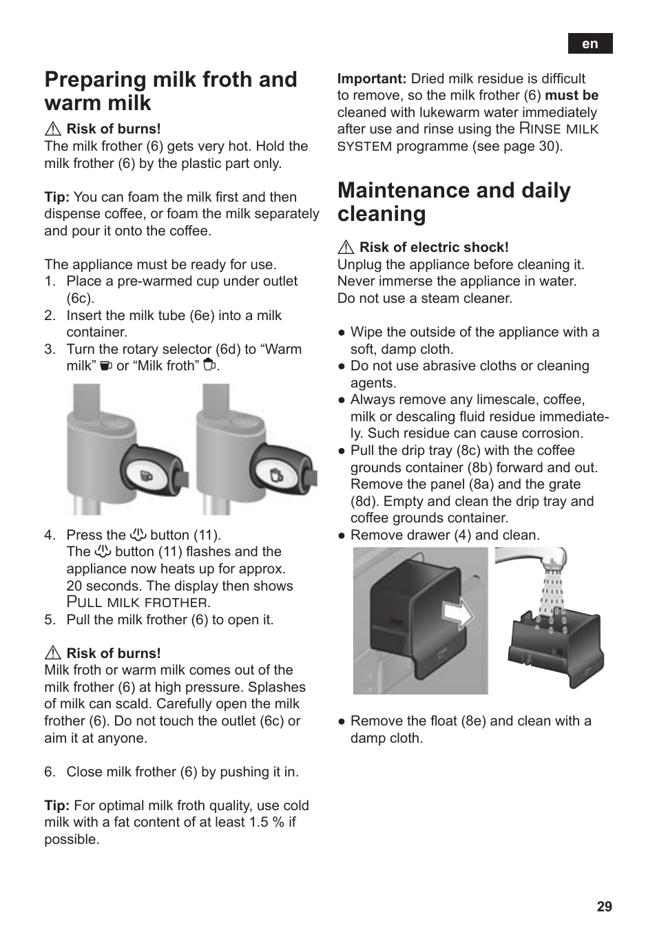 Preparing milk froth and warm milk, Maintenance and daily cleaning, Pull milk frother | Rinse milk system | Siemens TE503509DE User Manual | Page 33 / 86