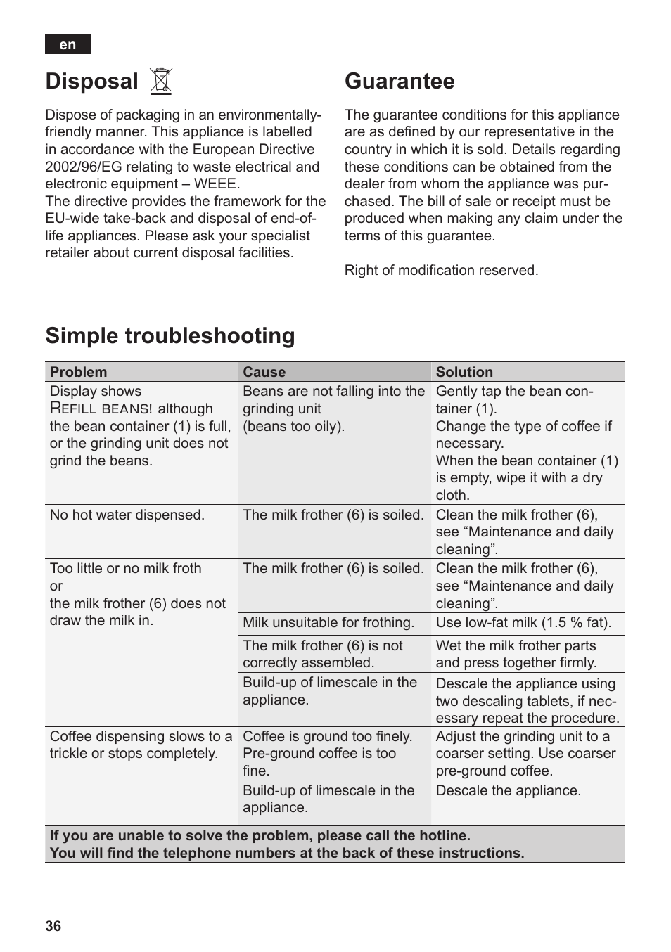 Simple troubleshooting disposal, Guarantee, Refill beans | Siemens TE503509DE User Manual | Page 40 / 86