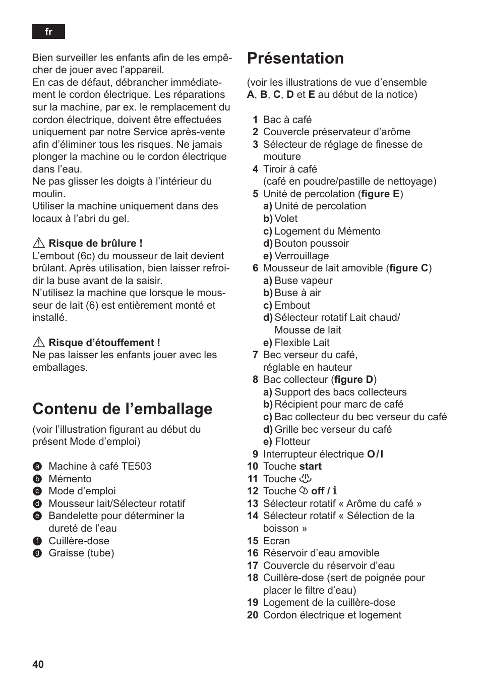 Présentation, Contenu de l’emballage | Siemens TE503509DE User Manual | Page 44 / 86