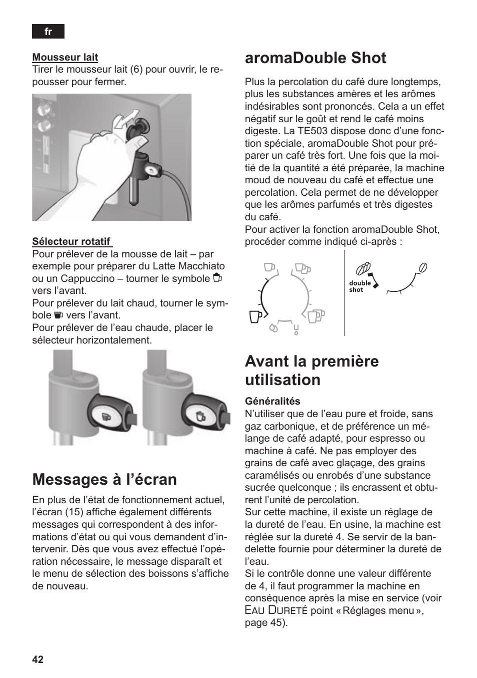 Messages à l’écran, Aromadouble shot, Avant la première utilisation | Eau dureté | Siemens TE503509DE User Manual | Page 46 / 86