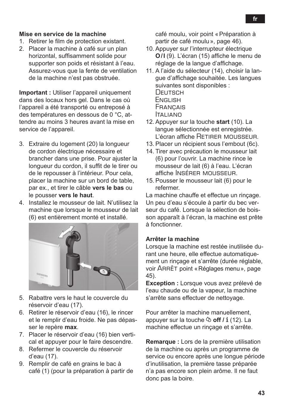 Deutsch english français italiano, Retirer mousseur, Insérer mousseur | Arrêt | Siemens TE503509DE User Manual | Page 47 / 86