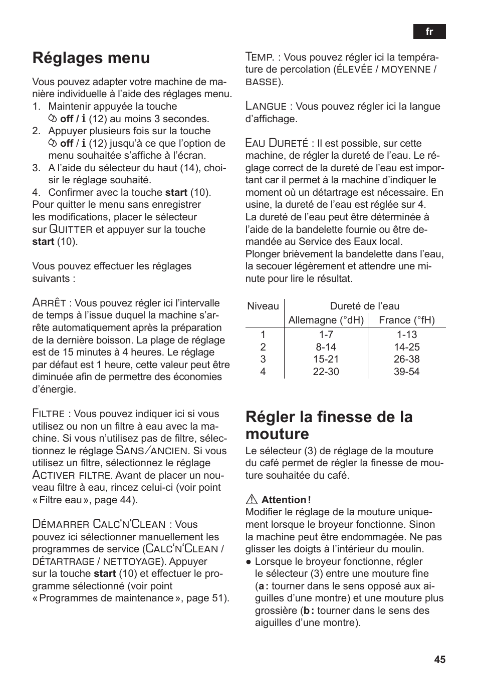 Réglages menu, Régler la finesse de la mouture, Quitter | Arrêt, Filtre, Sans/ancien, Activer filtre, Démarrer calc‘n‘clean, Calc‘n‘clean, Détartrage | Siemens TE503509DE User Manual | Page 49 / 86