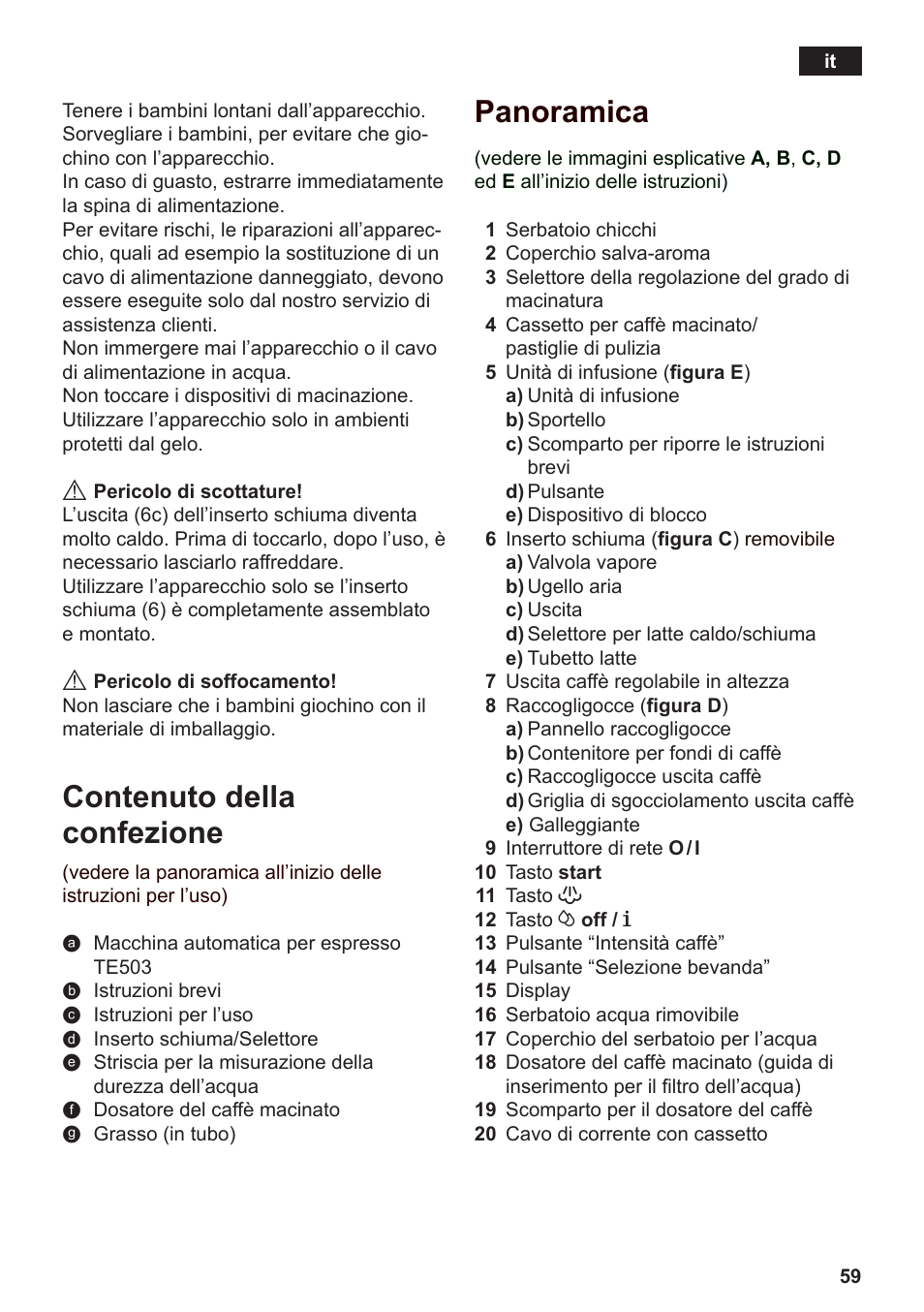 Panoramica, Contenuto della confezione | Siemens TE503509DE User Manual | Page 63 / 86