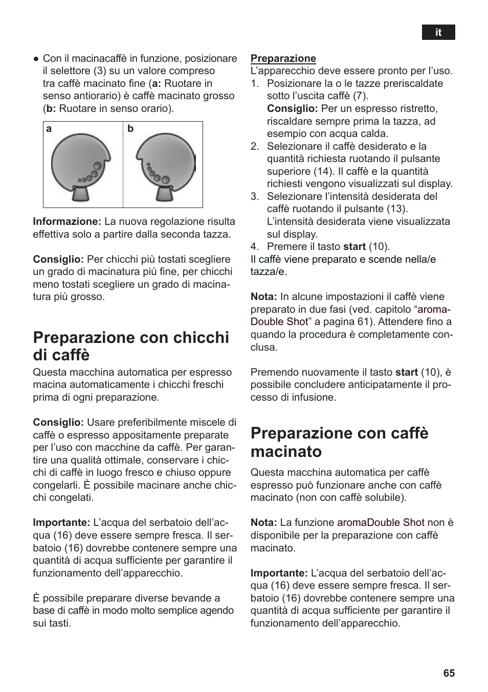 Preparazione con chicchi di caffè, Preparazione con caffè macinato | Siemens TE503509DE User Manual | Page 69 / 86