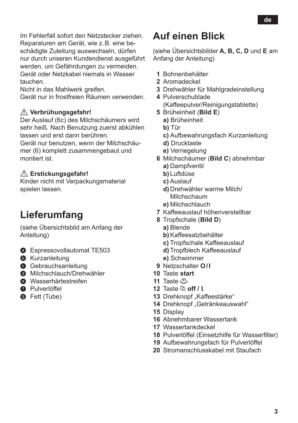 Auf einen blick, Lieferumfang | Siemens TE503509DE User Manual | Page 7 / 86