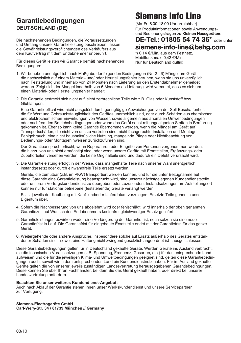 Siemens info line, Garantiebedingungen | Siemens TE503509DE User Manual | Page 84 / 86