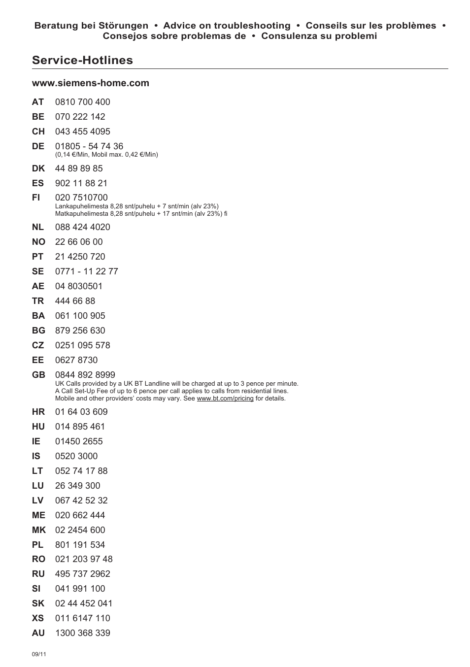 Siemens info line, Garantiebedingungen, Service-hotlines | Deutschland (de) | Siemens TE503509DE User Manual | Page 85 / 86