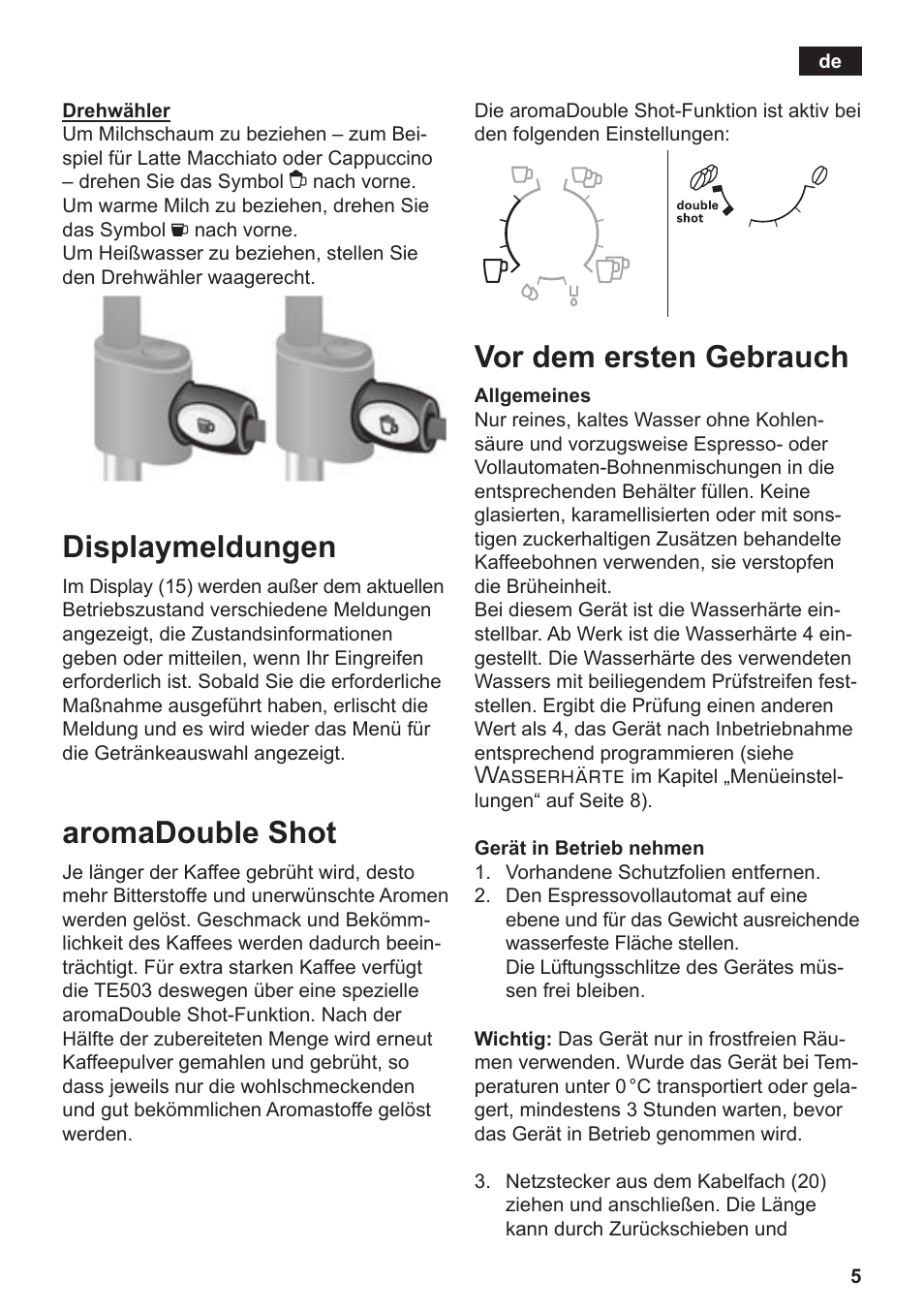 Displaymeldungen, Aromadouble shot, Vor dem ersten gebrauch | Wasserhärte | Siemens TE503509DE User Manual | Page 9 / 86