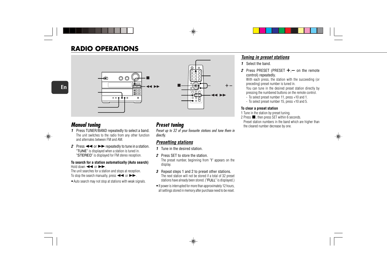Radio operations, Manual tuning, Preset tuning | 10 en | Aiwa XR-EC10 User Manual | Page 10 / 16