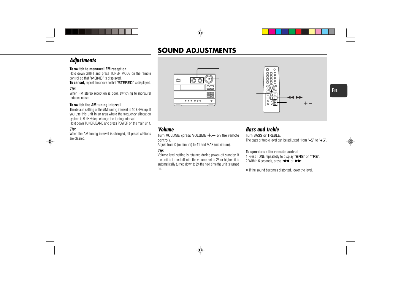 Sound adjustments, Adjustments, Volume | Bass and treble | Aiwa XR-EC10 User Manual | Page 11 / 16