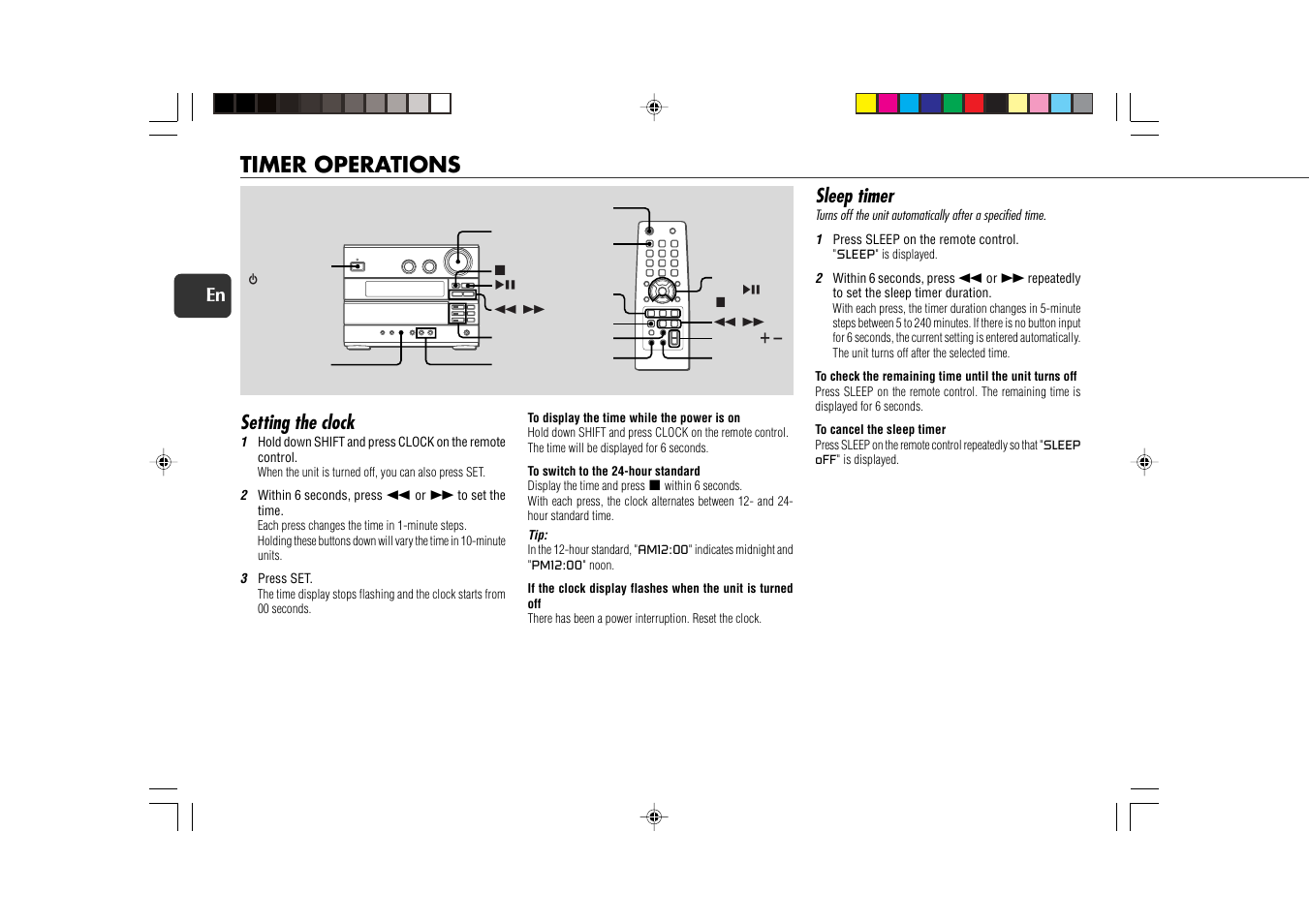 Timer operations, Setting the clock, Sleep timer | 12 en | Aiwa XR-EC10 User Manual | Page 12 / 16