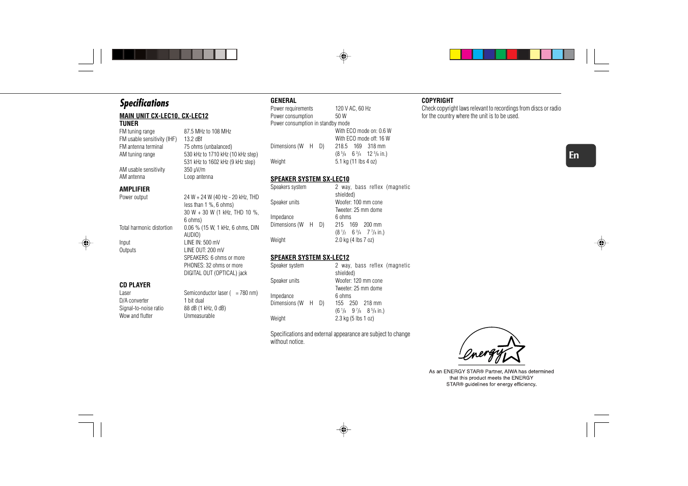 Specifications, 15 en | Aiwa XR-EC10 User Manual | Page 15 / 16