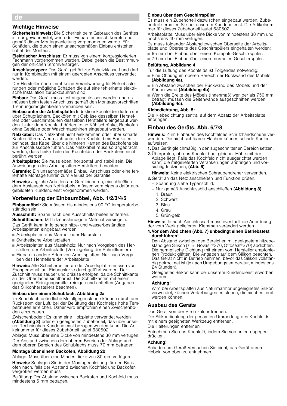 Wichtige hinweise, Hinweis, Vorbereitung der einbaumöbel, abb. 1/2/3/4/5 | Arbeitsplatten aus marmor oder naturstein, Synthetische arbeitsplatten, Einbau über einem schubfach, abbildung 2a, Montage über einem backofen, abbildung 2b, Einbau über dem geschirrspüler, Belüftung, abbildung 4, Klebedichtung, abb. 5 | Siemens EH801SN27E User Manual | Page 5 / 18