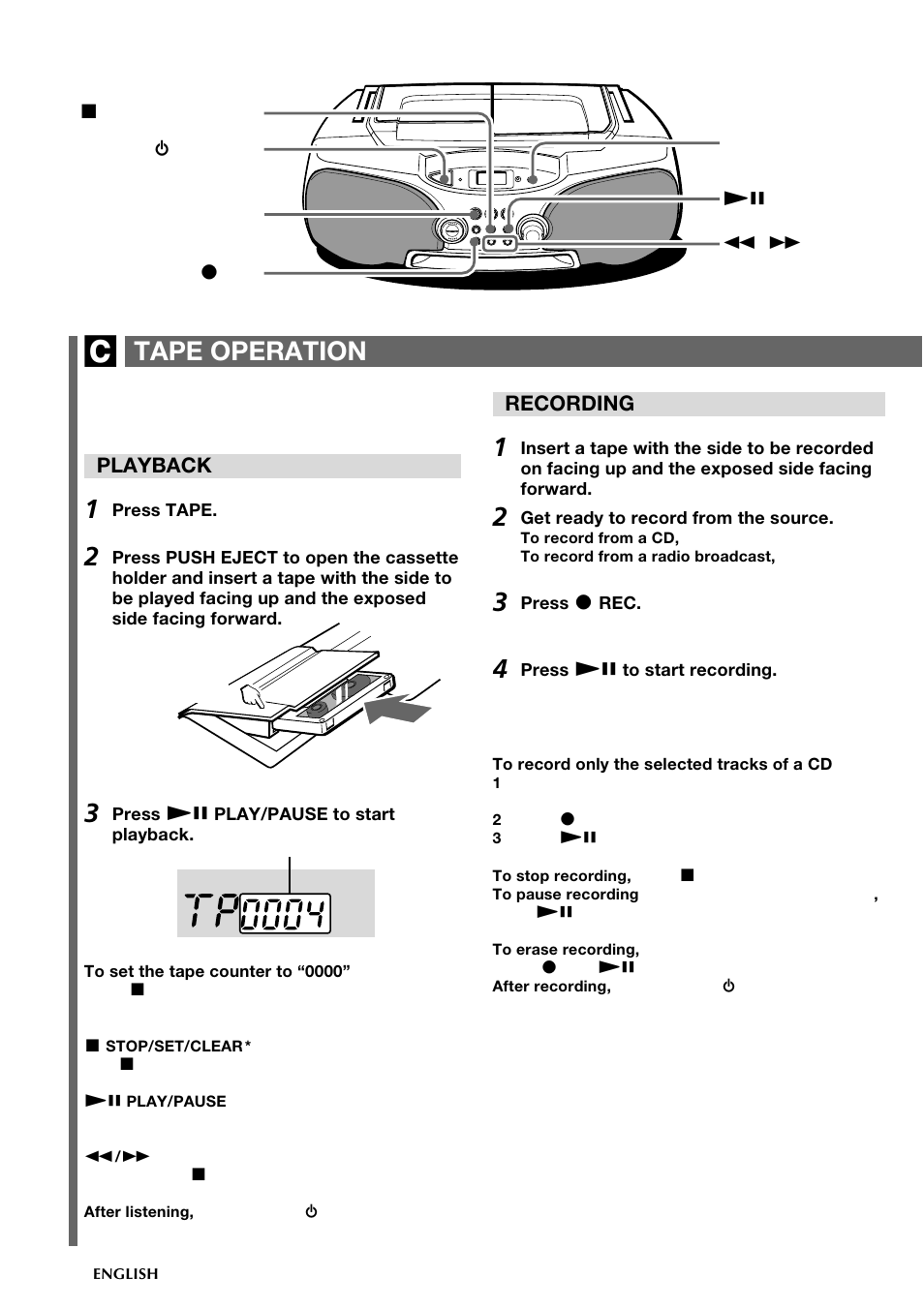 Tape operation, Playback, Recording | Aiwa CSD-FD89 User Manual | Page 10 / 32