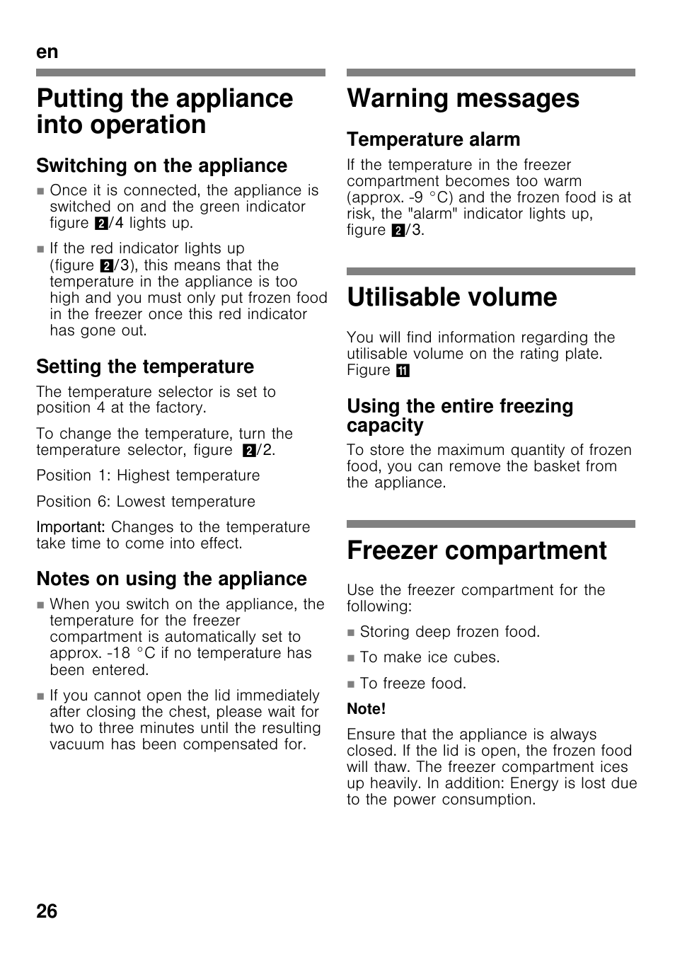 Putting the appliance into operation, Warning messages, Utilisable volume | Freezer compartment, En 26, Switching on the appliance, Setting the temperature, Temperature alarm, Using the entire freezing capacity | Siemens GC24MAW30 User Manual | Page 26 / 85