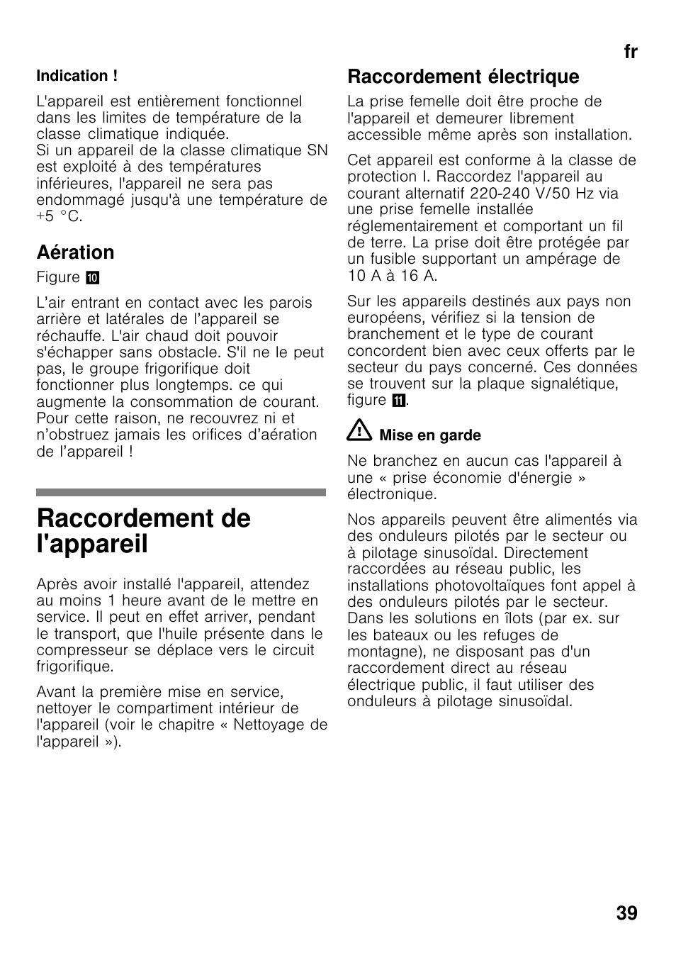Raccordement de l'appareil, Fr 39, Aération | Raccordement électrique | Siemens GC24MAW30 User Manual | Page 39 / 85