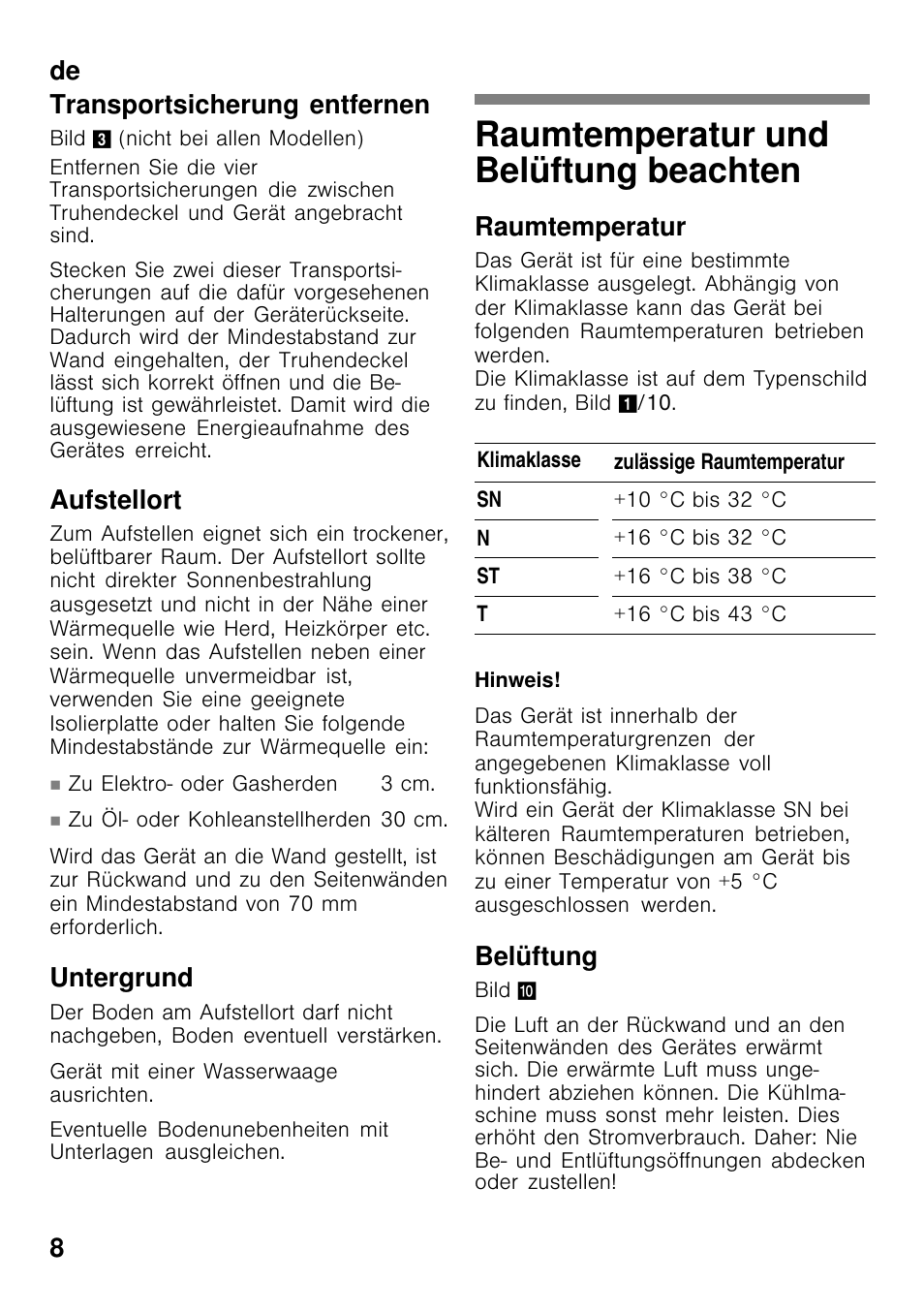 Raumtemperatur und belüftung beachten, De 8 transportsicherung entfernen, Aufstellort | Untergrund, Raumtemperatur, Belüftung | Siemens GC24MAW30 User Manual | Page 8 / 85