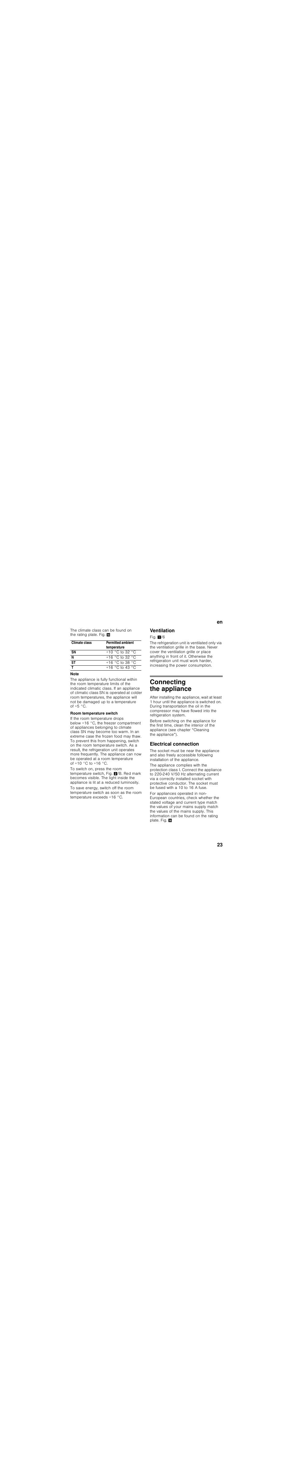 Room temperature switch, Ventilation, Connecting the appliance | Electrical connection | Siemens KU15LA65 User Manual | Page 23 / 86