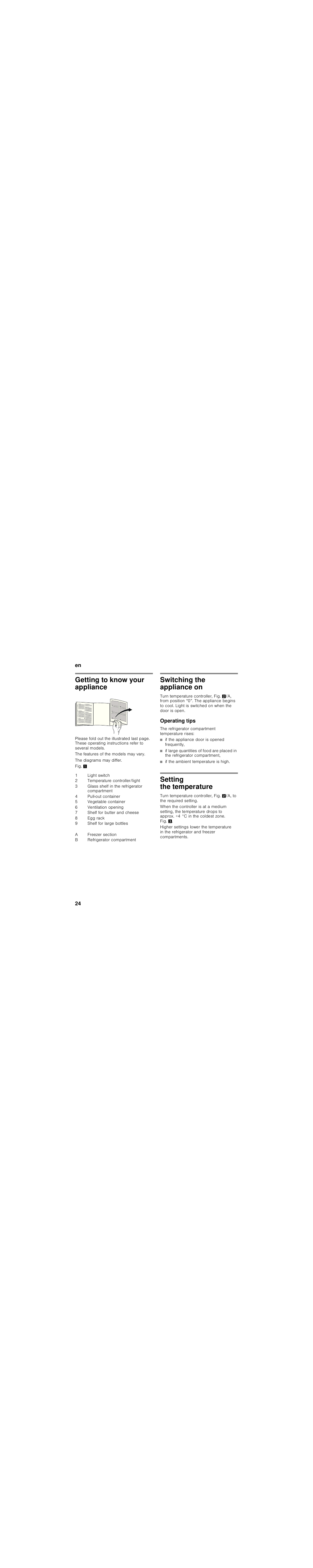 Getting to know your appliance, Switching the appliance on, Operating tips | If the appliance door is opened frequently, If the ambient temperature is high, Setting the temperature | Siemens KU15LA65 User Manual | Page 24 / 86