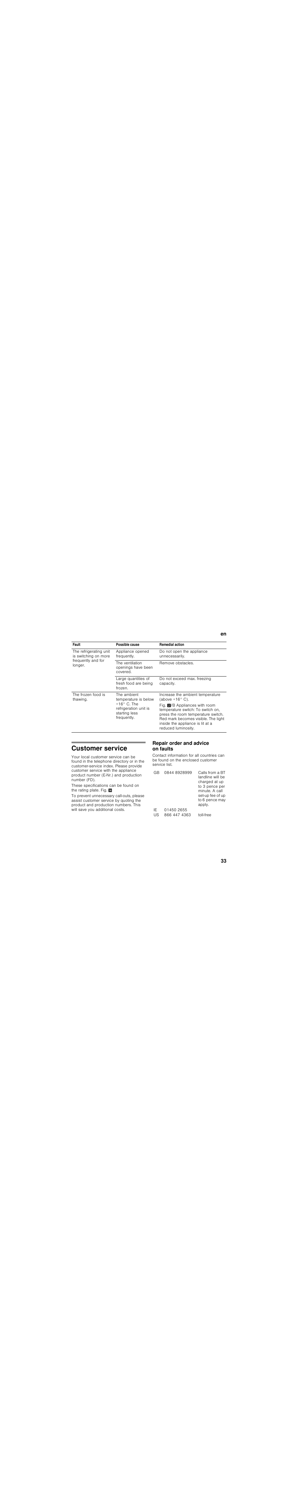 Customer service, Repair order and advice on faults | Siemens KU15LA65 User Manual | Page 33 / 86