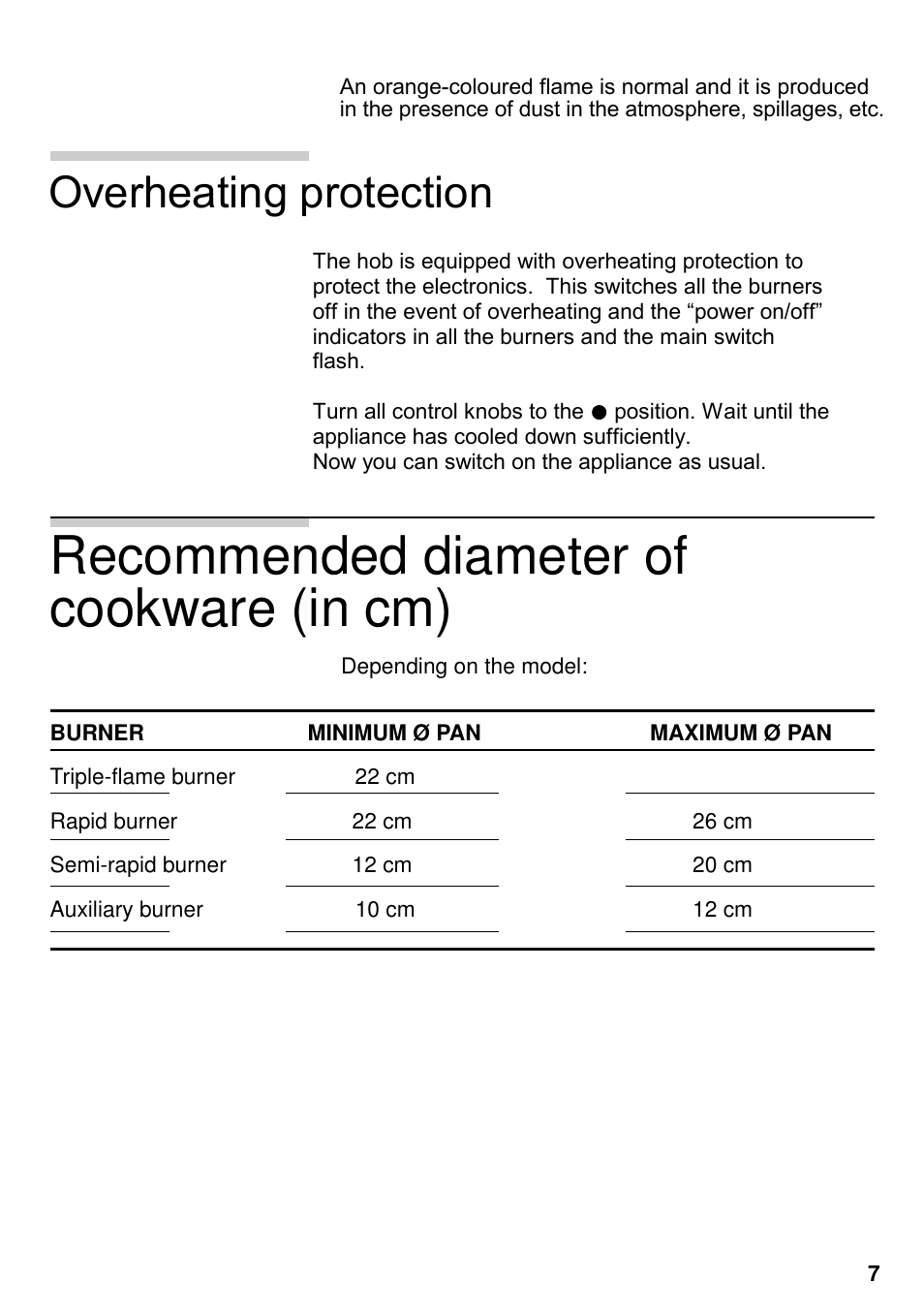 Recommended diameter of cookware (in cm), Overheating protection | Siemens EG20158EU User Manual | Page 9 / 98