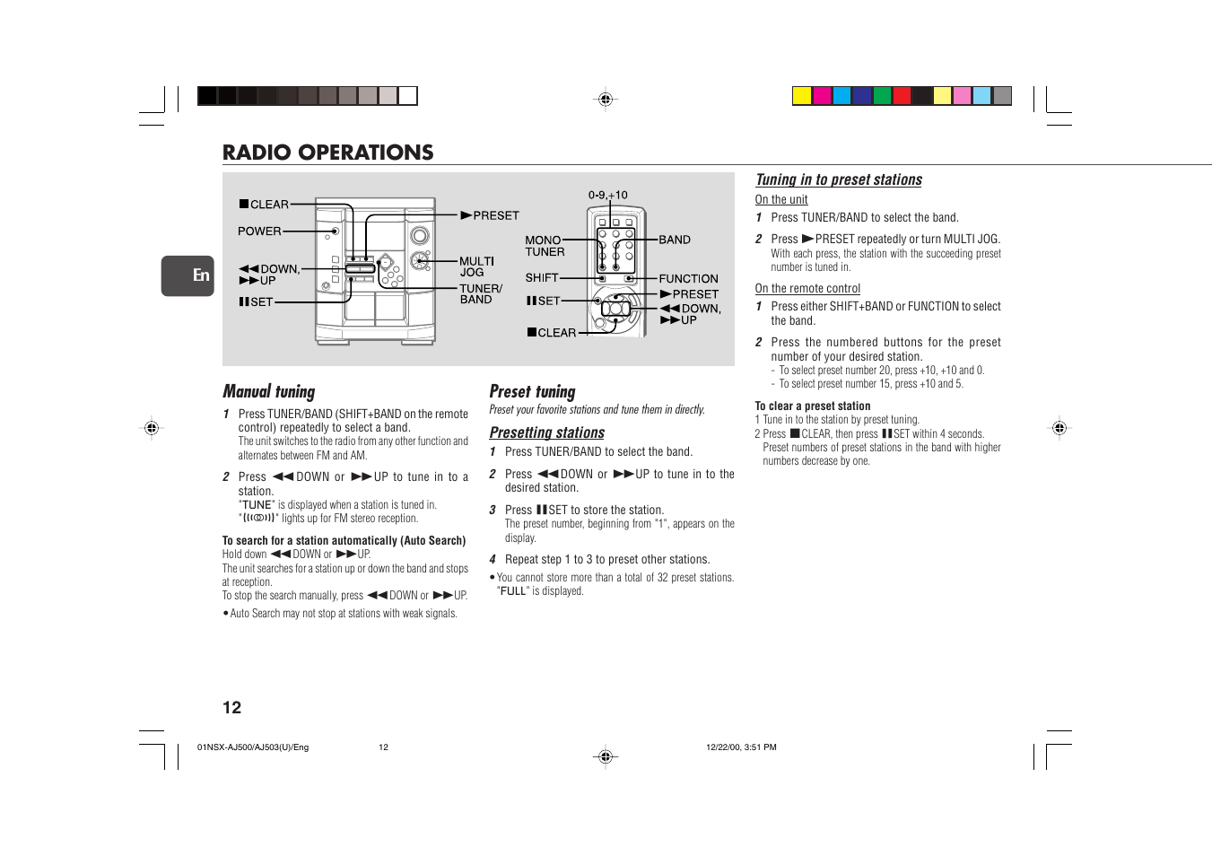 Radio operations, Manual tuning, Preset tuning | Aiwa NSX-AJ503 User Manual | Page 12 / 23