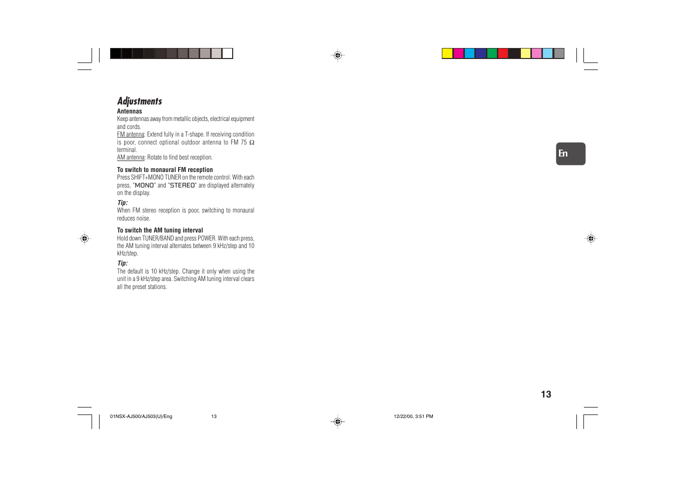 Adjustments, 13 en | Aiwa NSX-AJ503 User Manual | Page 13 / 23