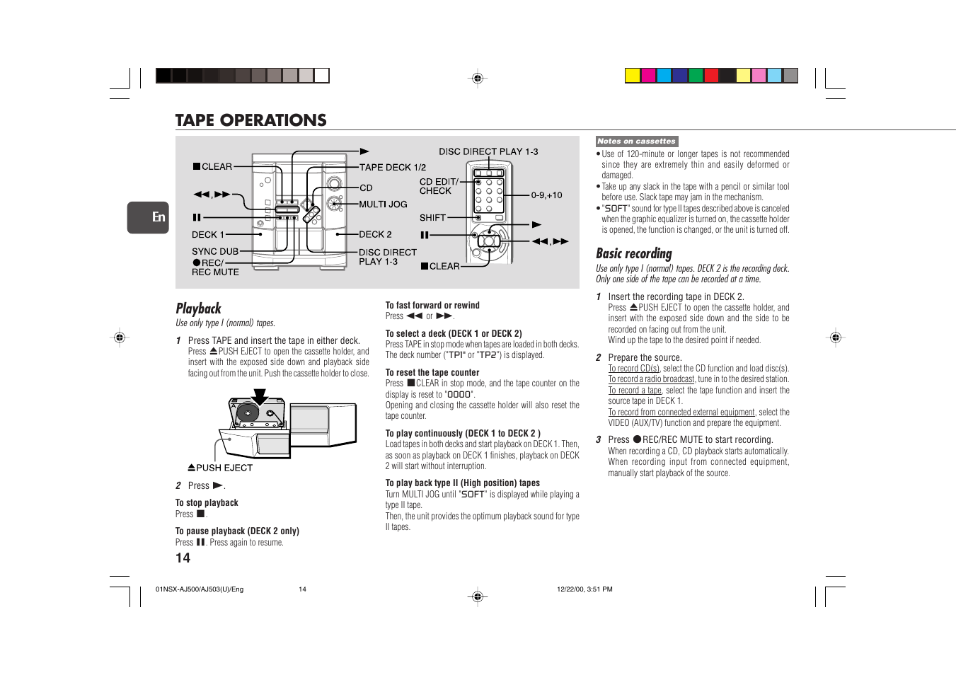 Tape operations, Playback, Basic recording | 14 en | Aiwa NSX-AJ503 User Manual | Page 14 / 23