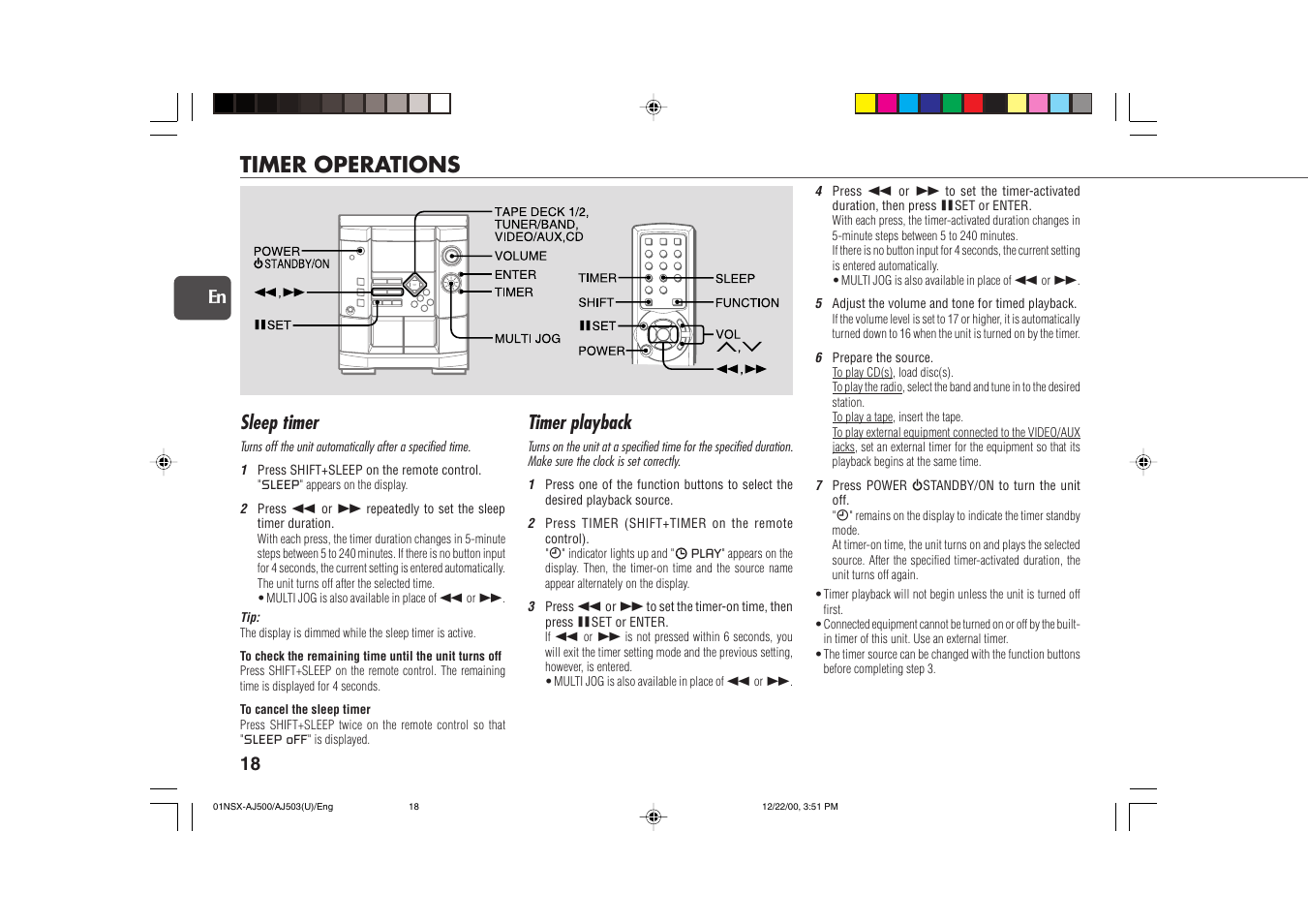 Timer operations, Timer playback, Sleep timer | 18 en | Aiwa NSX-AJ503 User Manual | Page 18 / 23