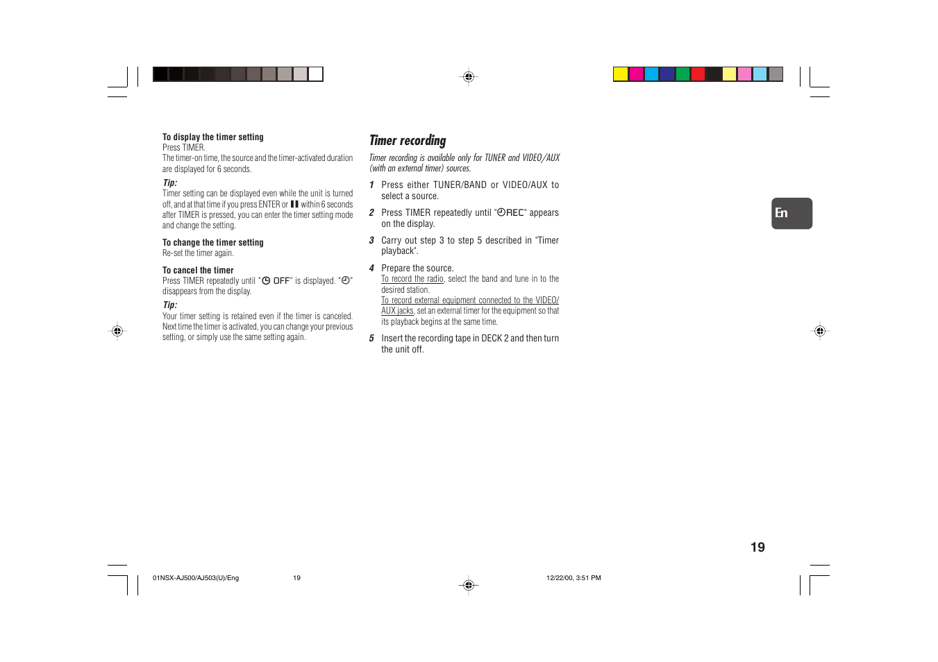 Timer recording, 19 en | Aiwa NSX-AJ503 User Manual | Page 19 / 23