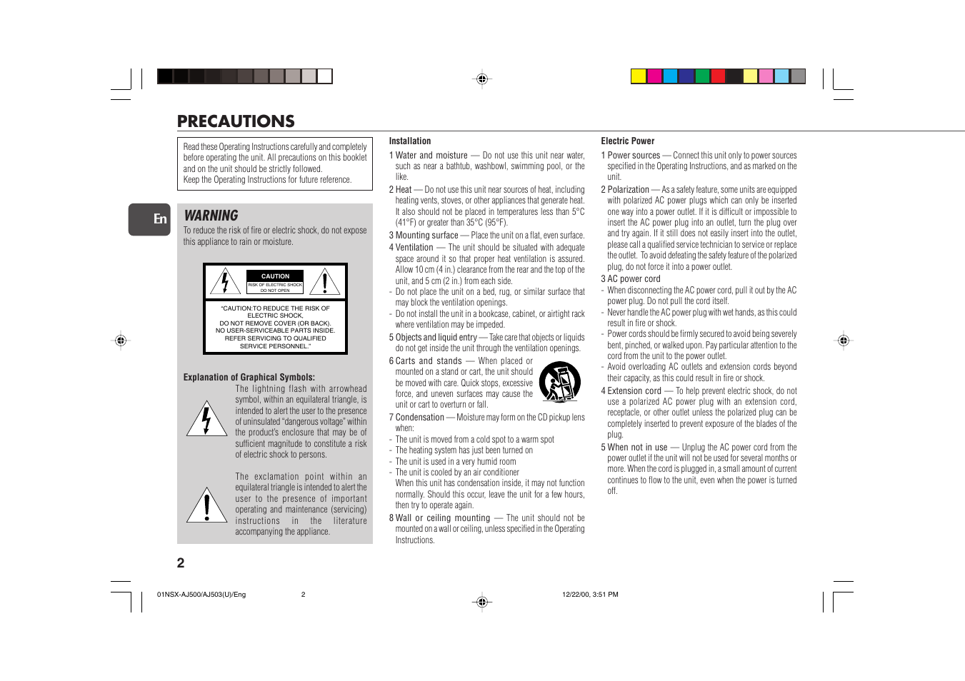 Precautions, Warning | Aiwa NSX-AJ503 User Manual | Page 2 / 23