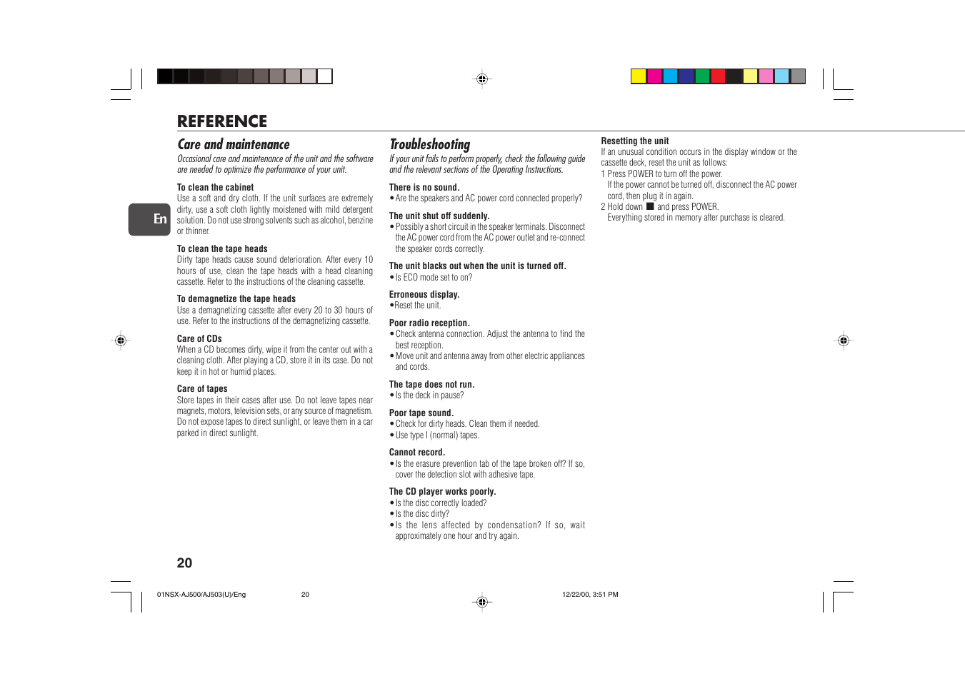 Reference, Care and maintenance, Troubleshooting | 20 en | Aiwa NSX-AJ503 User Manual | Page 20 / 23