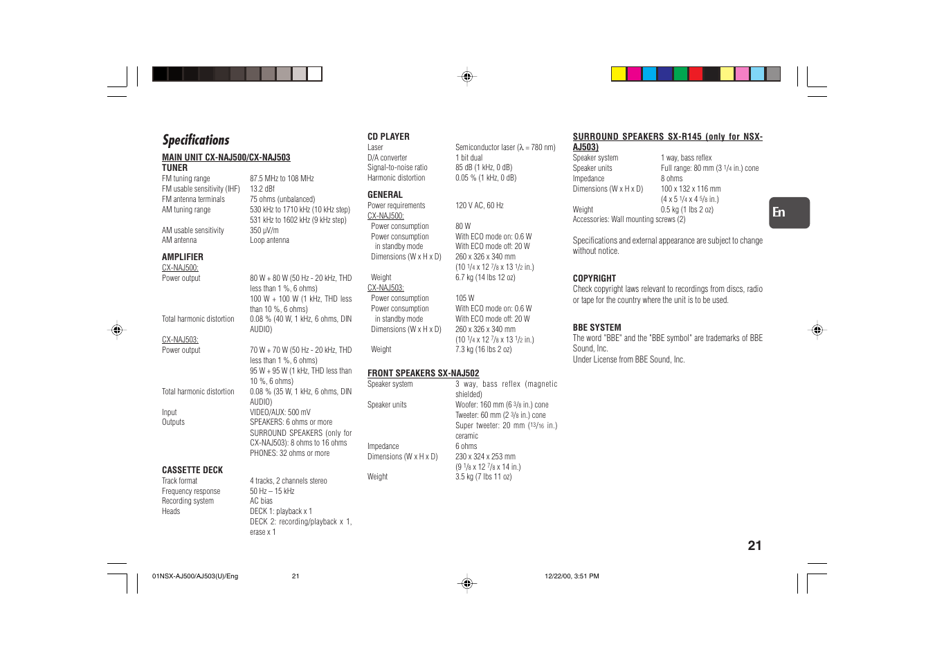 Specifications, 21 en | Aiwa NSX-AJ503 User Manual | Page 21 / 23