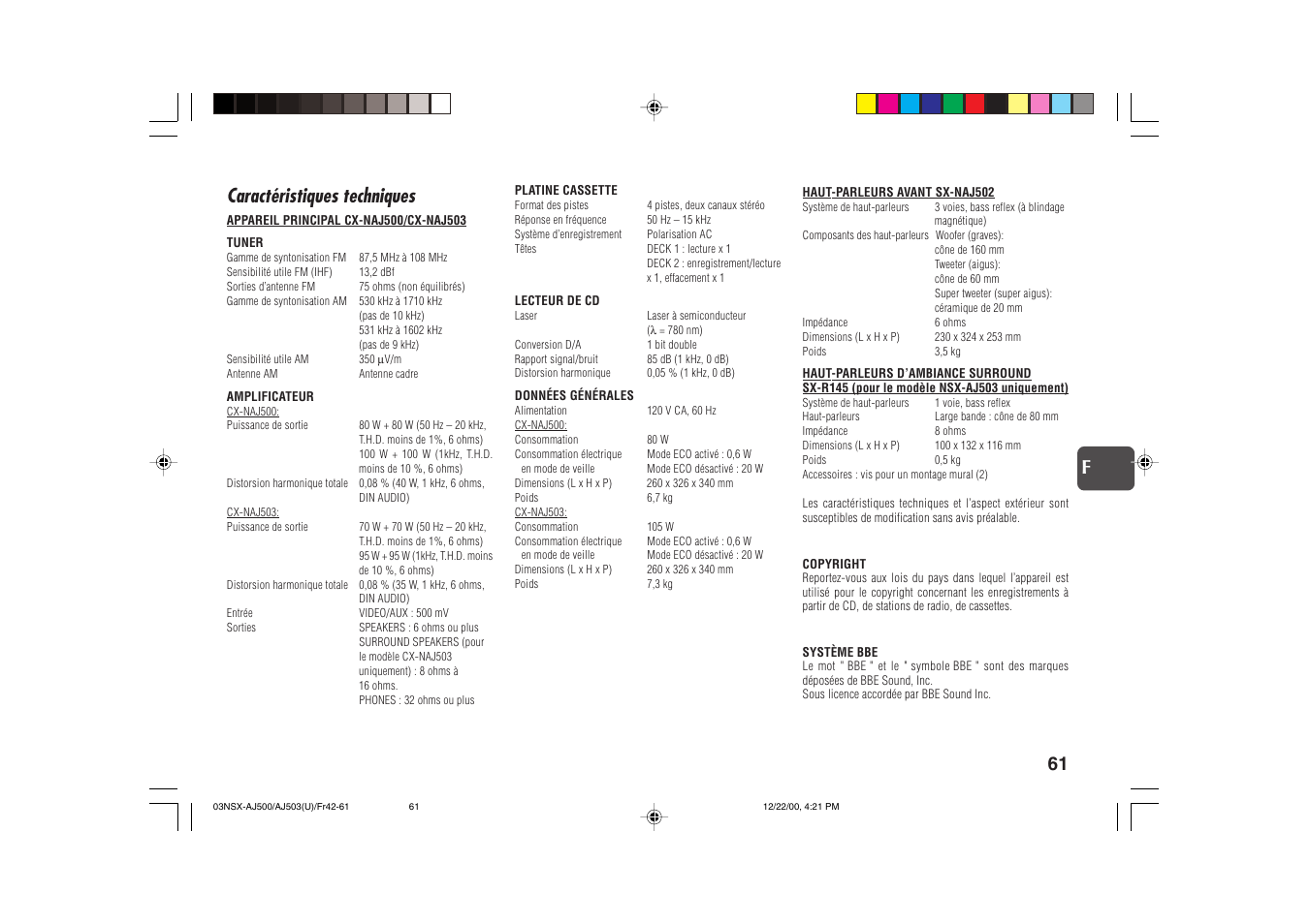 Caractéristiques techniques, 61 f | Aiwa NSX-AJ503 User Manual | Page 23 / 23