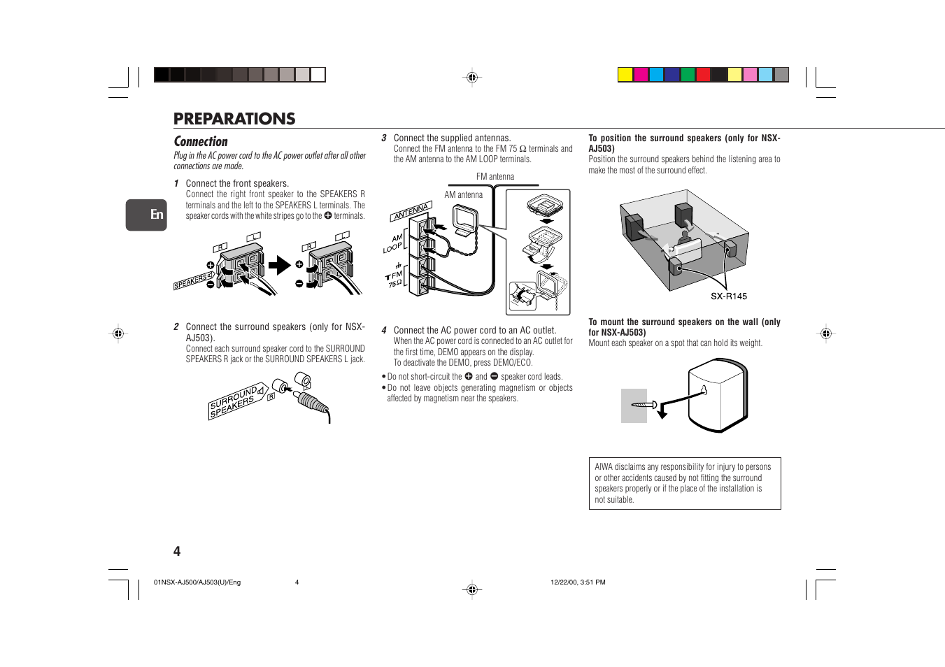 Preparations, Connection | Aiwa NSX-AJ503 User Manual | Page 4 / 23