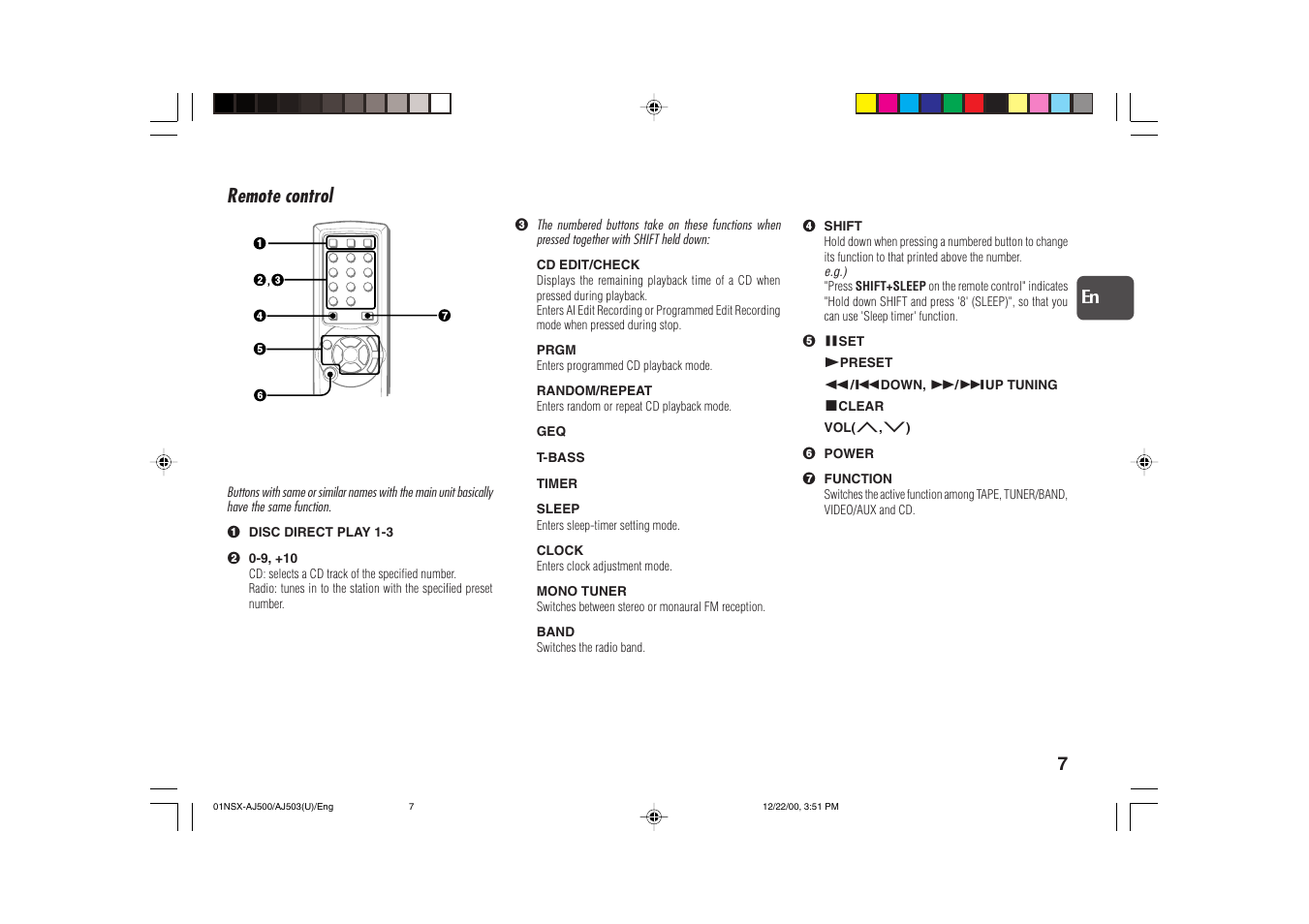 Remote control | Aiwa NSX-AJ503 User Manual | Page 7 / 23