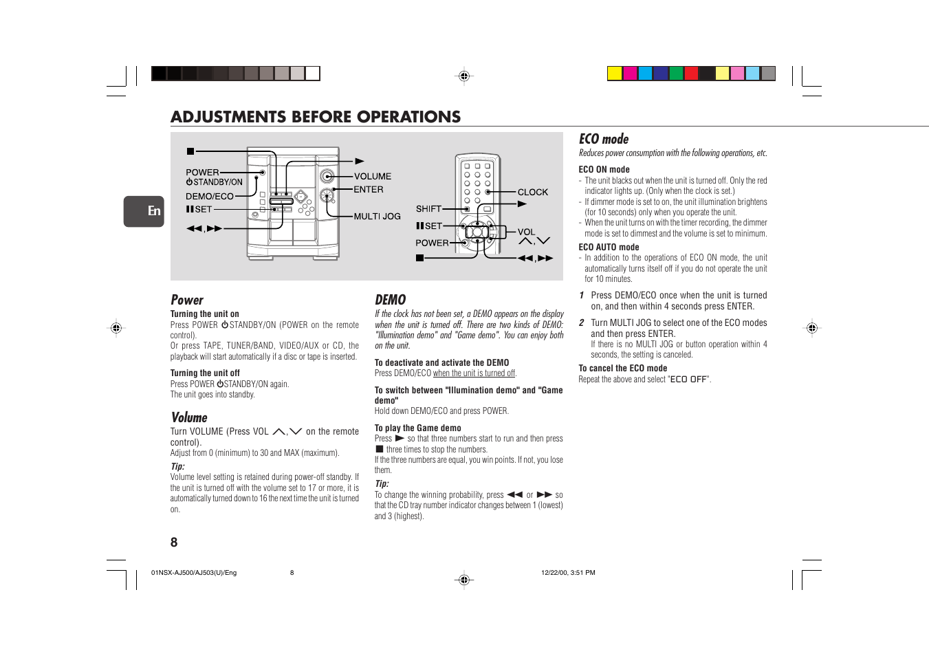 Adjustments before operations, Power, Volume | Demo, Eco mode | Aiwa NSX-AJ503 User Manual | Page 8 / 23