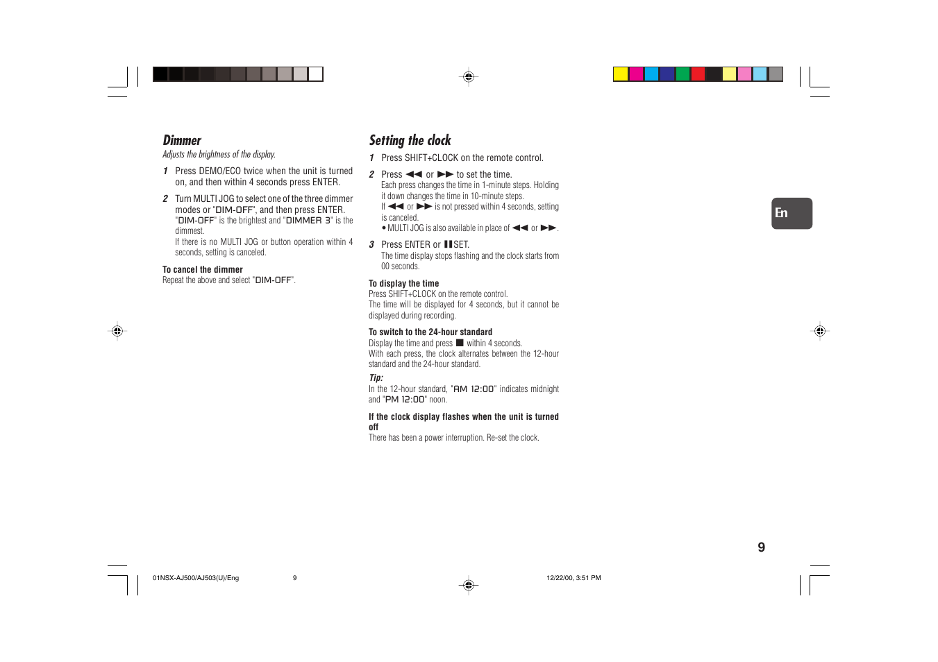 Dimmer, Setting the clock | Aiwa NSX-AJ503 User Manual | Page 9 / 23