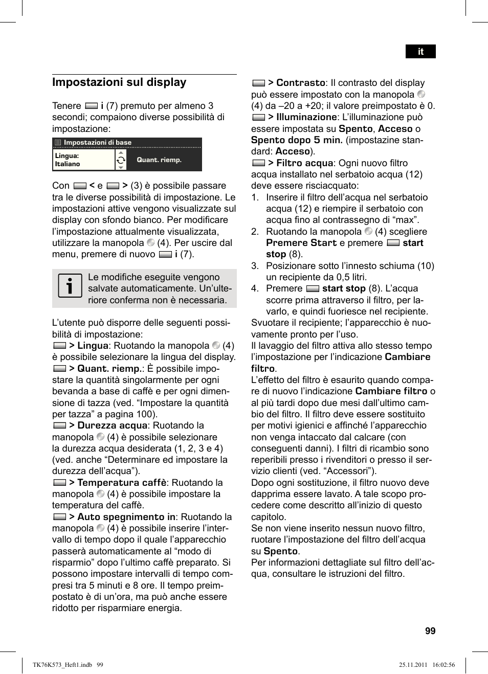 Impostazioni sul display | Siemens TK76K573 User Manual | Page 101 / 176