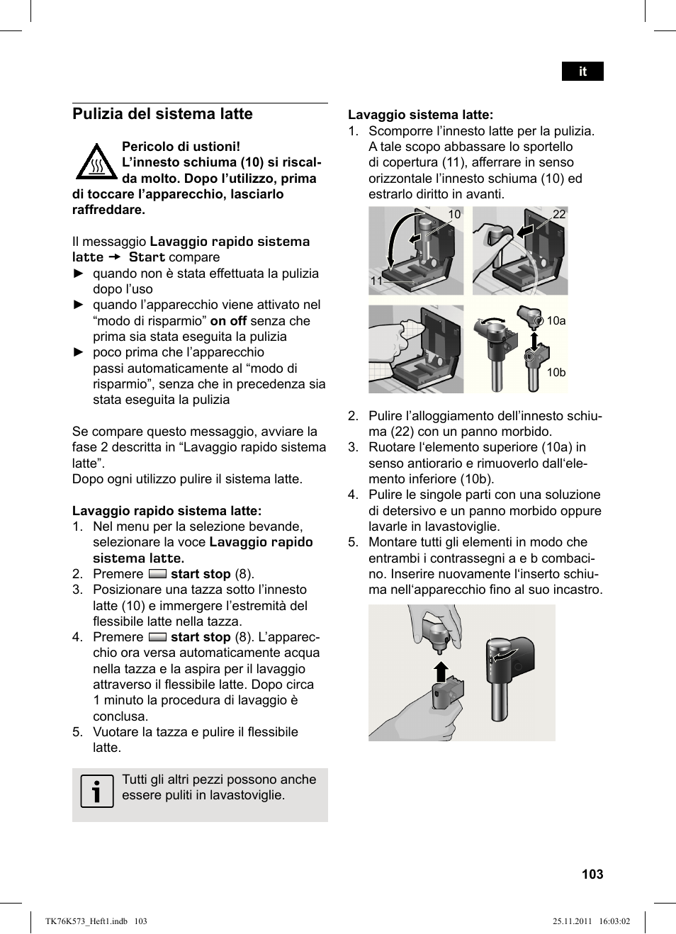 Pulizia del sistema latte | Siemens TK76K573 User Manual | Page 105 / 176