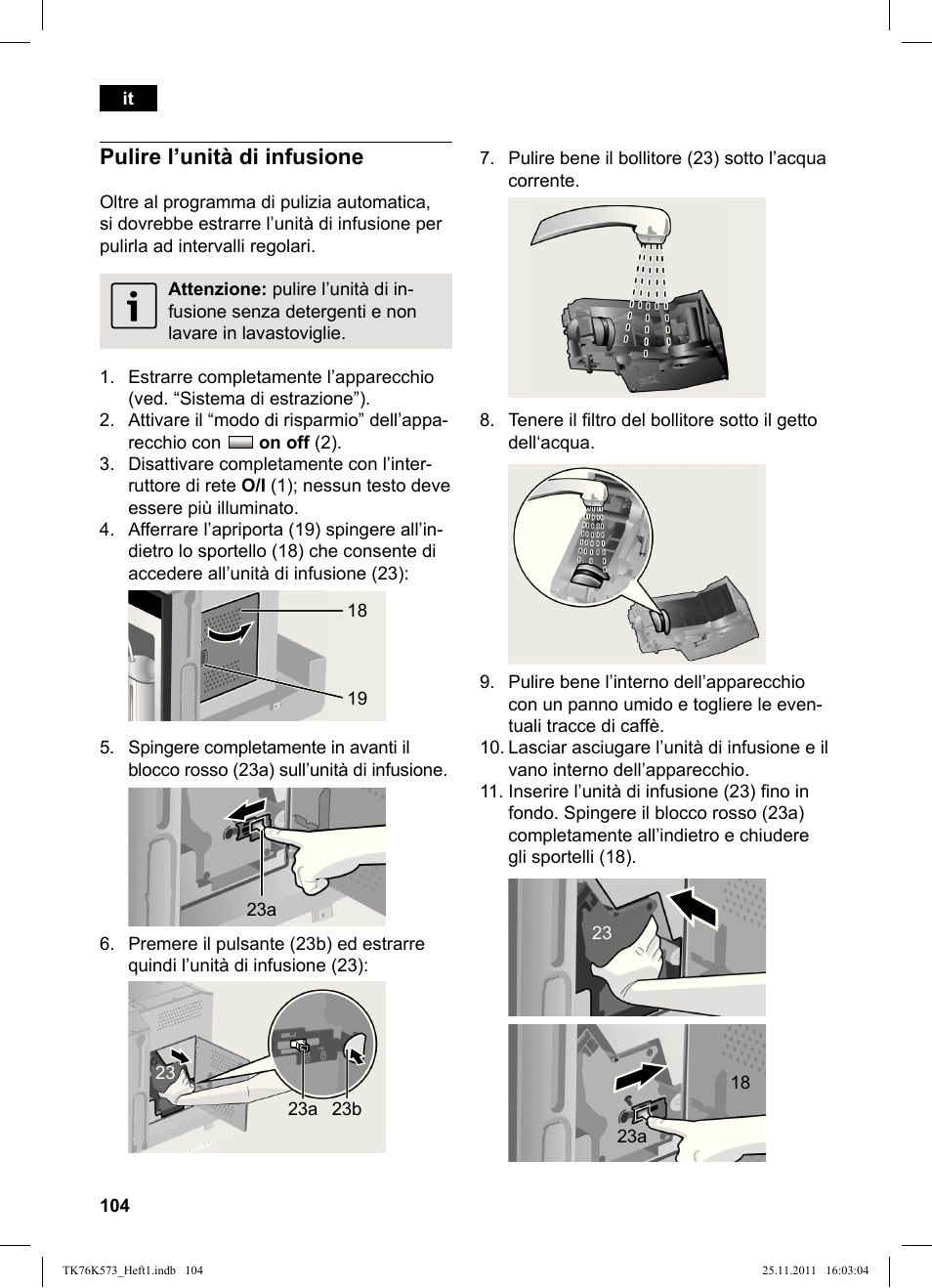 Pulire l’unità di infusione | Siemens TK76K573 User Manual | Page 106 / 176