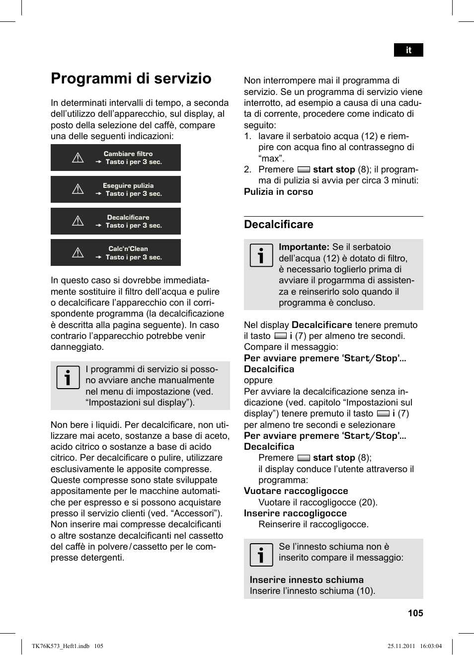 Programmi di servizio, Decalciicare | Siemens TK76K573 User Manual | Page 107 / 176