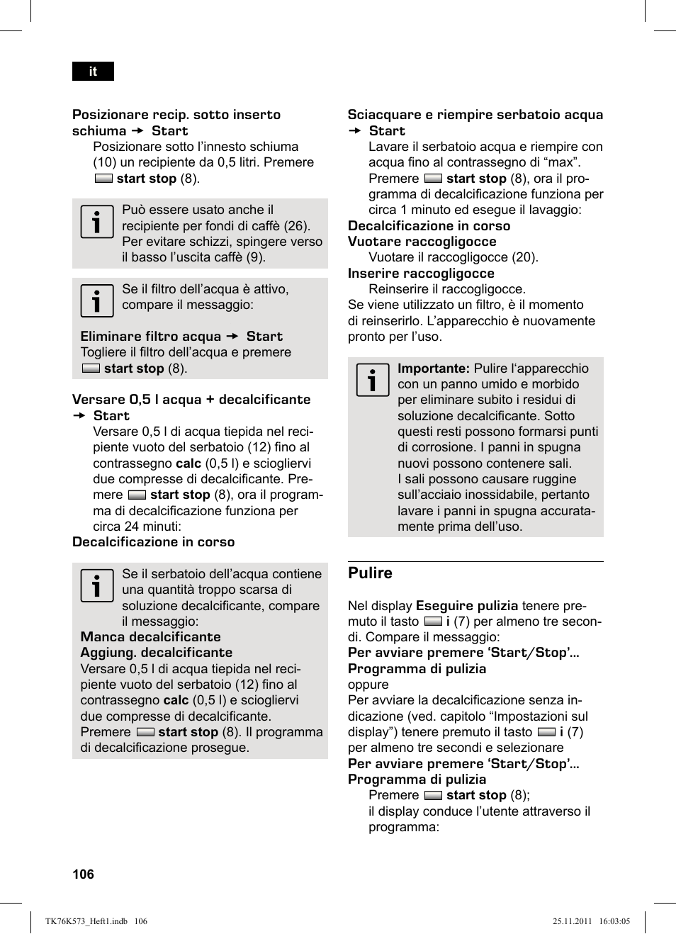 Pulire | Siemens TK76K573 User Manual | Page 108 / 176