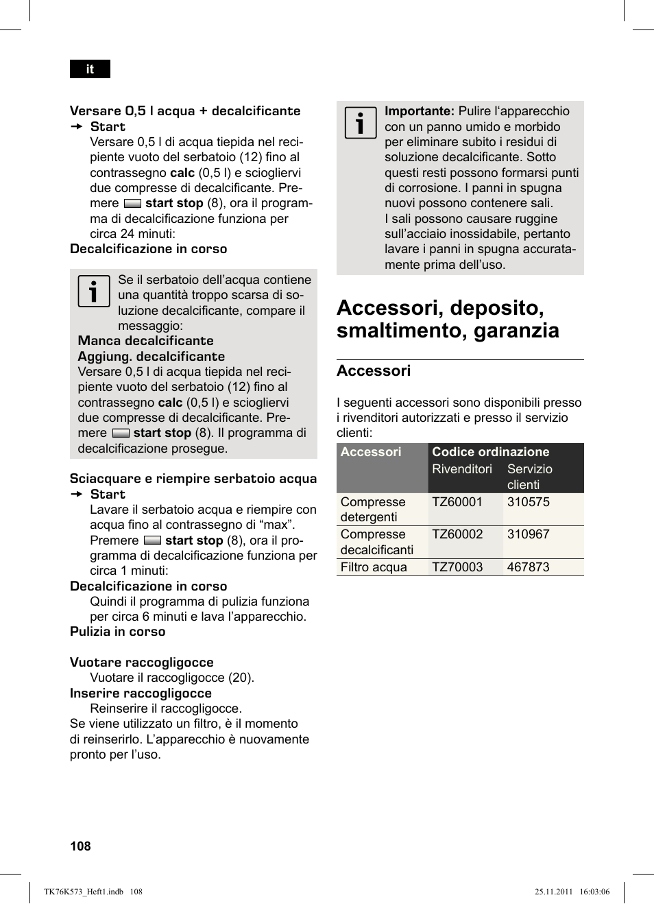 Accessori, deposito, smaltimento, garanzia, Accessori | Siemens TK76K573 User Manual | Page 110 / 176