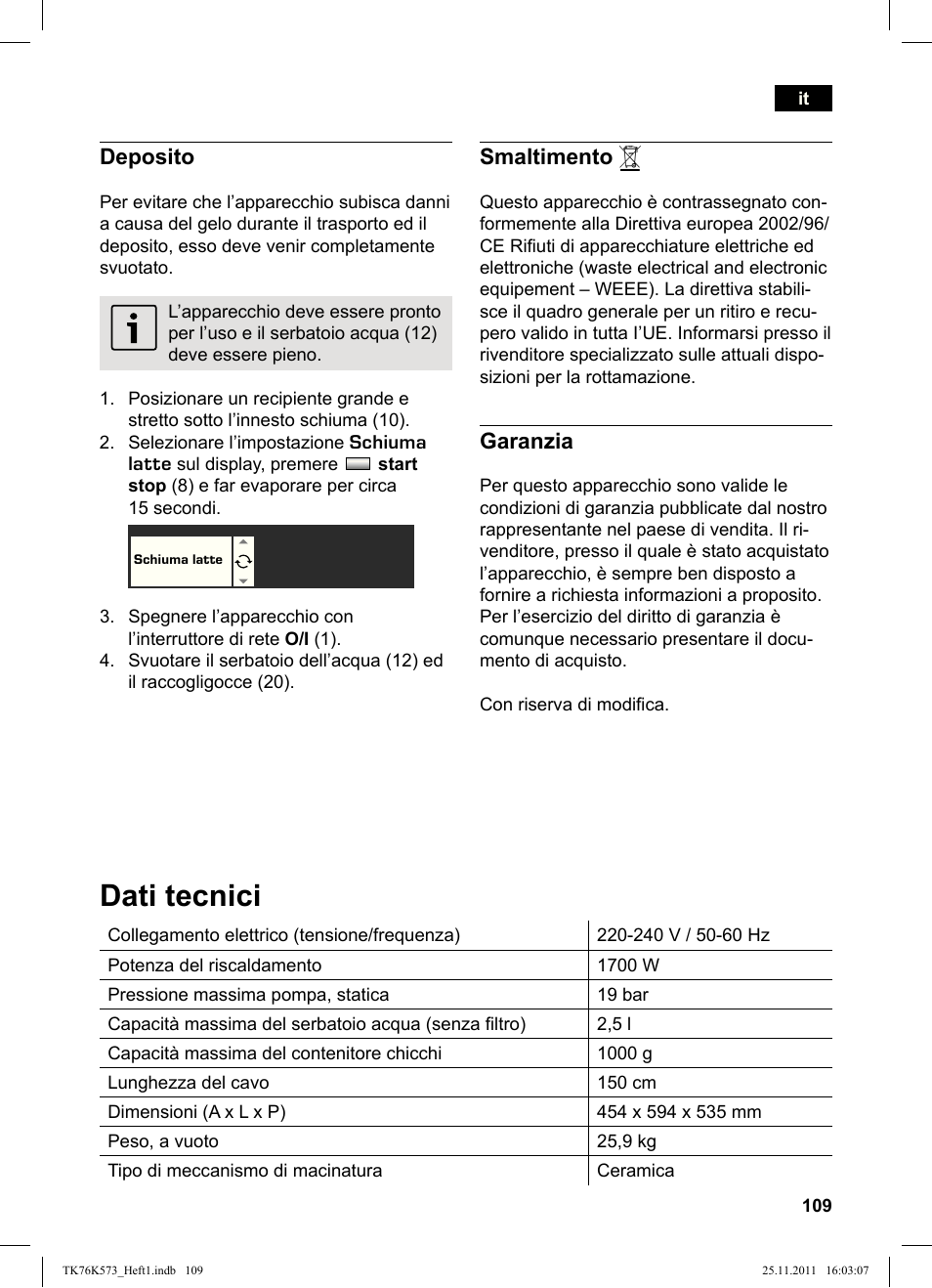 Dati tecnici, Deposito, Smaltimento | Garanzia | Siemens TK76K573 User Manual | Page 111 / 176