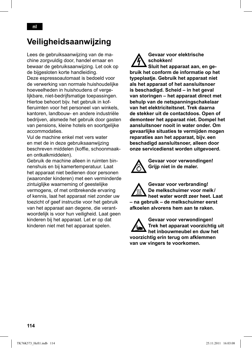 Veiligheidsaanwijzing | Siemens TK76K573 User Manual | Page 116 / 176