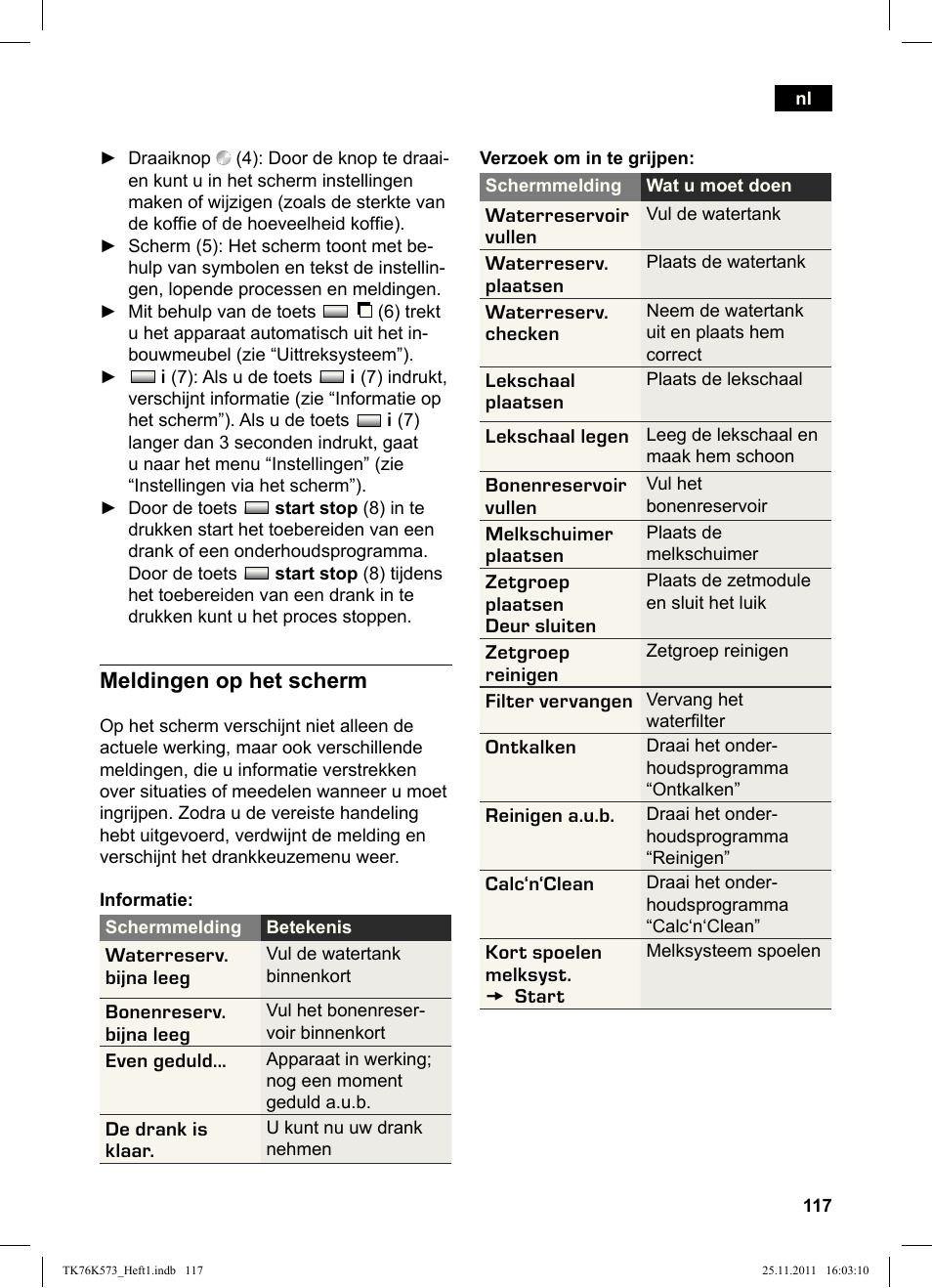 Meldingen op het scherm | Siemens TK76K573 User Manual | Page 119 / 176